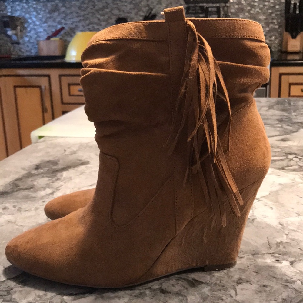 Slouchy, Fringed, Tan, Wedge Boots